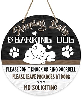 Sleeping Baby Front Door Sign, Barking Dog Please Don't Knock No Soliciting Wood Door Hanger Porch Nursery Decor, Wooden Wreath Indoor Wall Hanging Kids Infant Bedroom Decoration