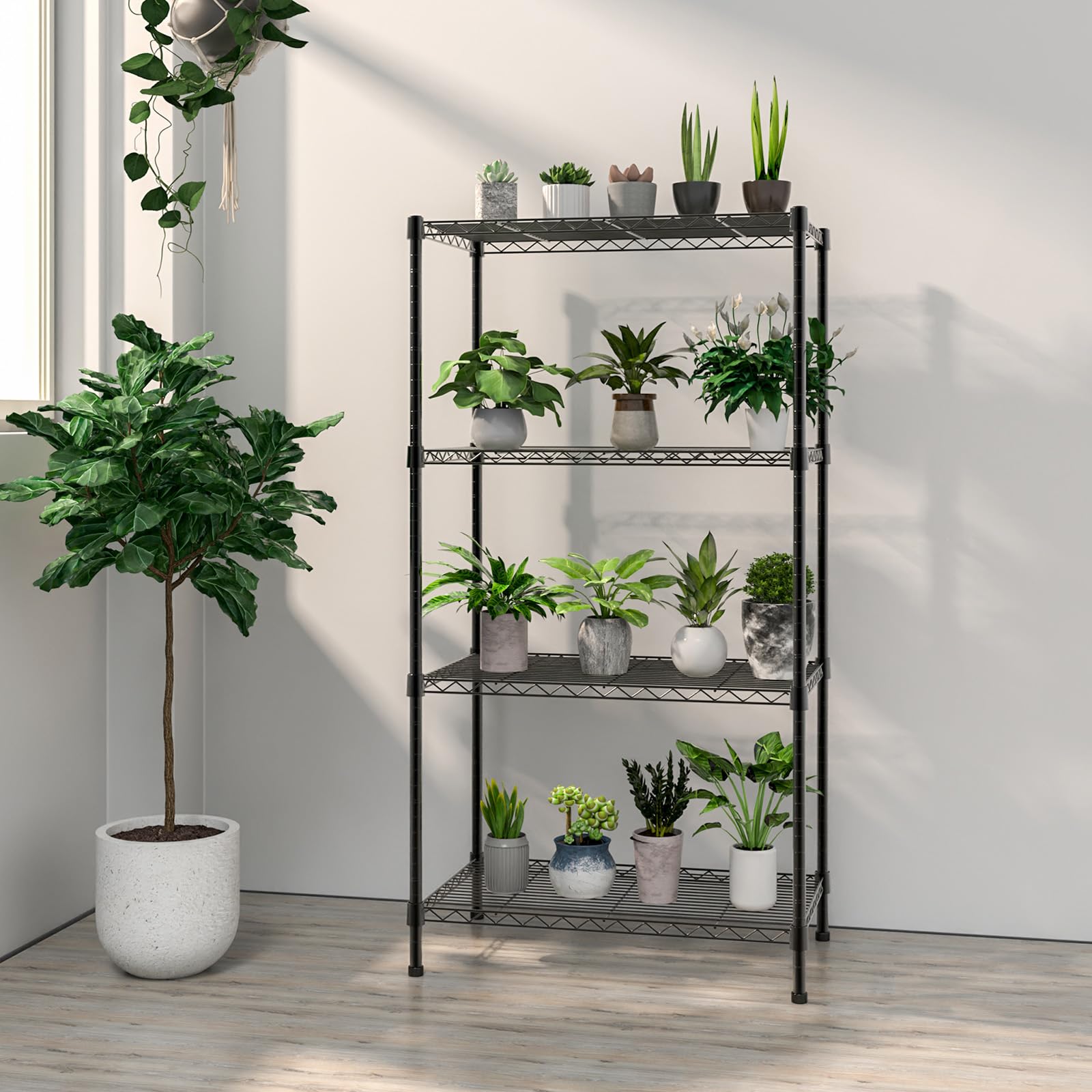4-Tier Wire Shelving Unit Metal Shelving Unit Free Standing Shelf Units, Heavy Duty Racking Shelves for Storage with Adjustable Leveling Feet and Height Adjustable Shelves, 400kg Max Weight, Black