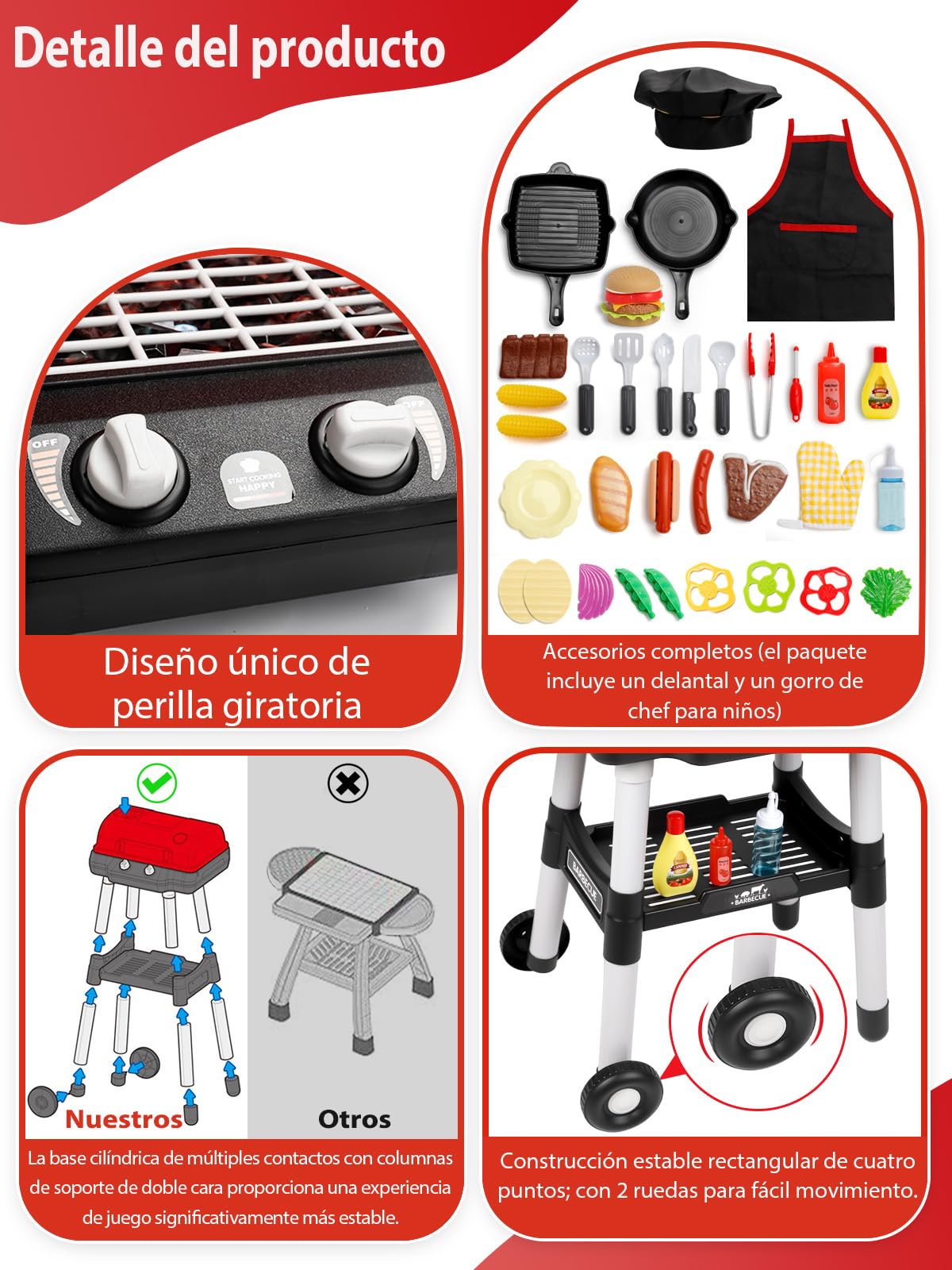 Juguete de Cocina para Niños Juego de Barbacoa Parrilla Sonido y Luz Juguetes de Cocina Interactivos con Delantal y Gorro de Chef Juego de Imitación para Pequeños Chefs Accesorios para Juego de Roles