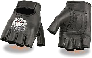 MOTORCYCLE FLAMES EMBROIDERED BLACK NEW GLOVES SKULL & BIKE LEATHER FINGERLESS(XL)