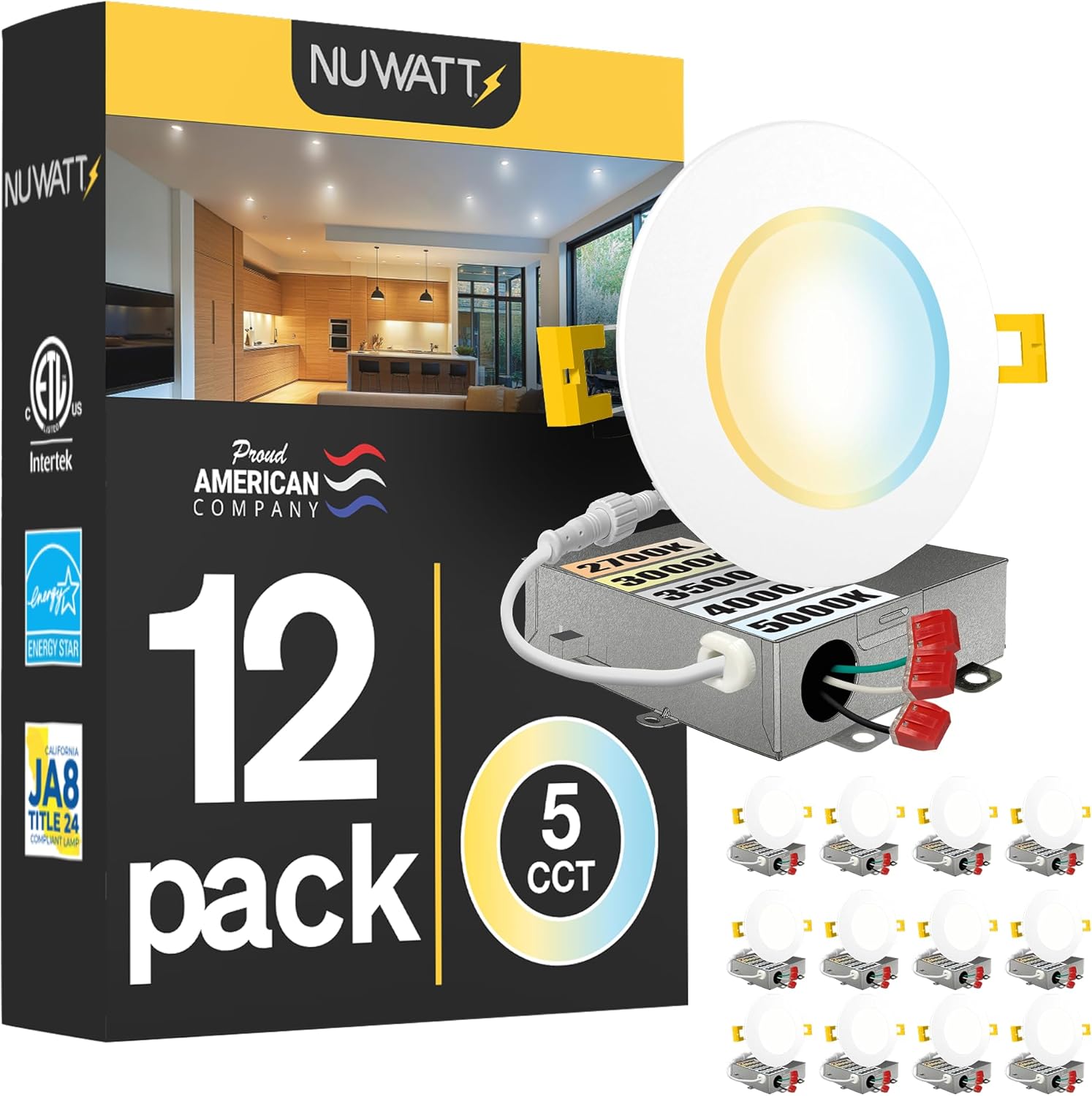 NUWATT 12 Pack 3 Inch Ultra-Thin LED Recessed Lighting, Selectable 2700K/3000K/3500K/4000K/5000K, 550 Lumens, IC Rated, Dimmable Slim Panel Light, White Trim Canless Wafer Light, Metal J-Box, ETL