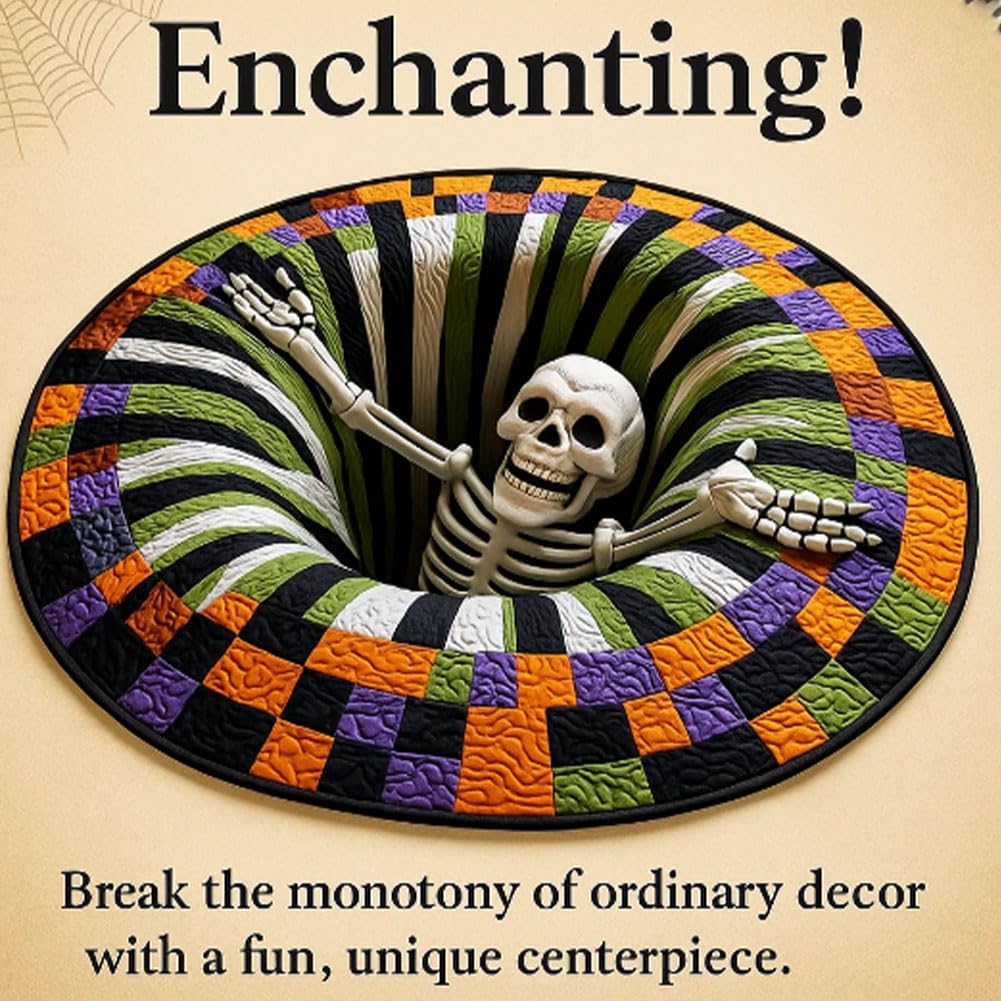 Candy Corn Abyss Quilted Round Mat, Halloween Optical Illusion Rug, 3D Halloween Rug - Optical Illusion with Depth Pattern, Non-Slip Soft Fabric (36 * 36in)