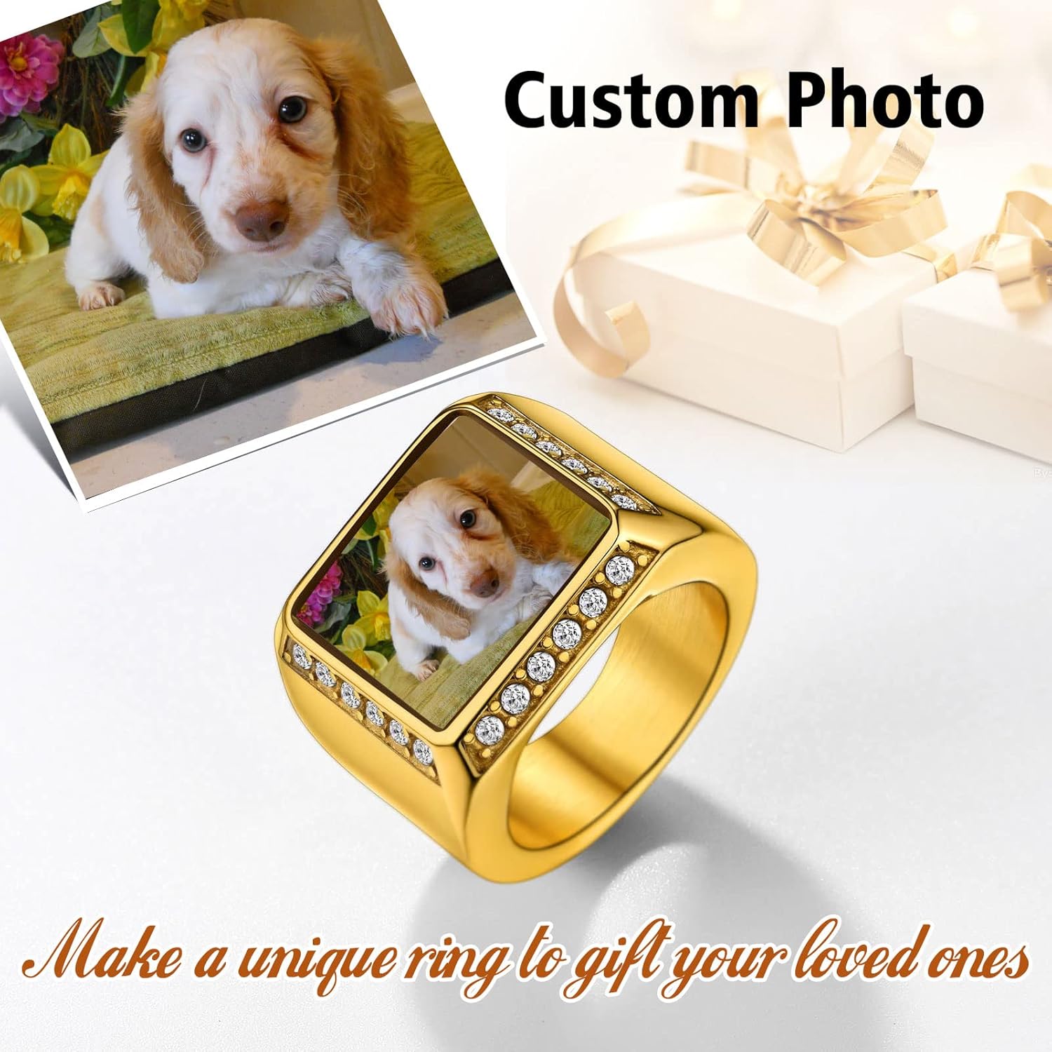 FindChic Customized Signet Photo Rings Square/Heart/Round Chunky Band Ring Stainless Steel/18K Gold Plated/Black Size 7 to 14 Personalized Jewelry for Men Women, Send Gift Box
