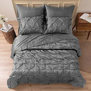 MR&HM Satin Comforter Full 7 Pieces - Luxurious Pinch Pleat Bedding Set with Comforter, Flat Sheet, Fitted Sheet, Pillowcases & Shams, Super Silky Soft Bed Set for All Season (Full, Dark Grey)