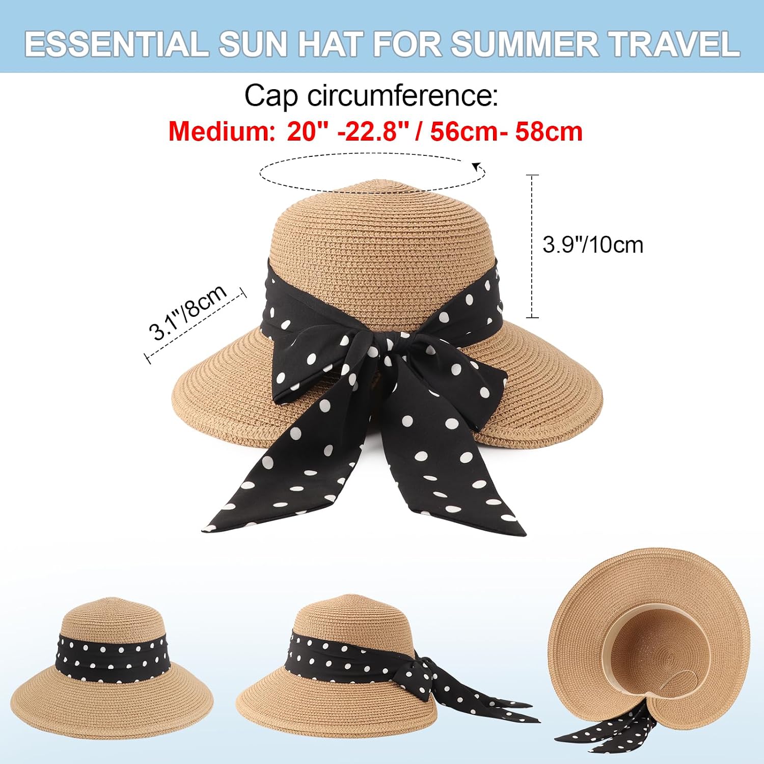 DRESHOW Sun Hats for Women Travel Fedora Foldable Beach Sun Hat Summer Wide Brim Straw Bucket Hat with Bowknot UPF 50+ image 4