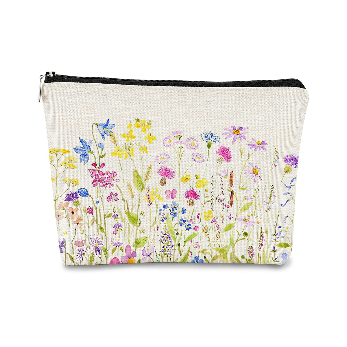 Cottagecore Watercolor Wildflowers Colorful Meadow Flowers Makeup Bag,Colorful Floral Cosmetic Bag Best Gift Idea for Flower Lovers Girls Women Mom,
