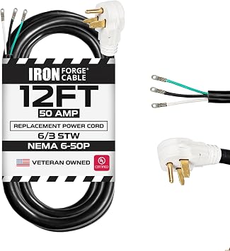 Iron Forge Cable NEMA 6-50 Extension Cord with Open End - 12ft 50 Amp EV Power Cord 3 Prong Grounded Plug with Eyelet, 6/3 Gauge Replacement Cable - NEMA 6-50 Plug STW