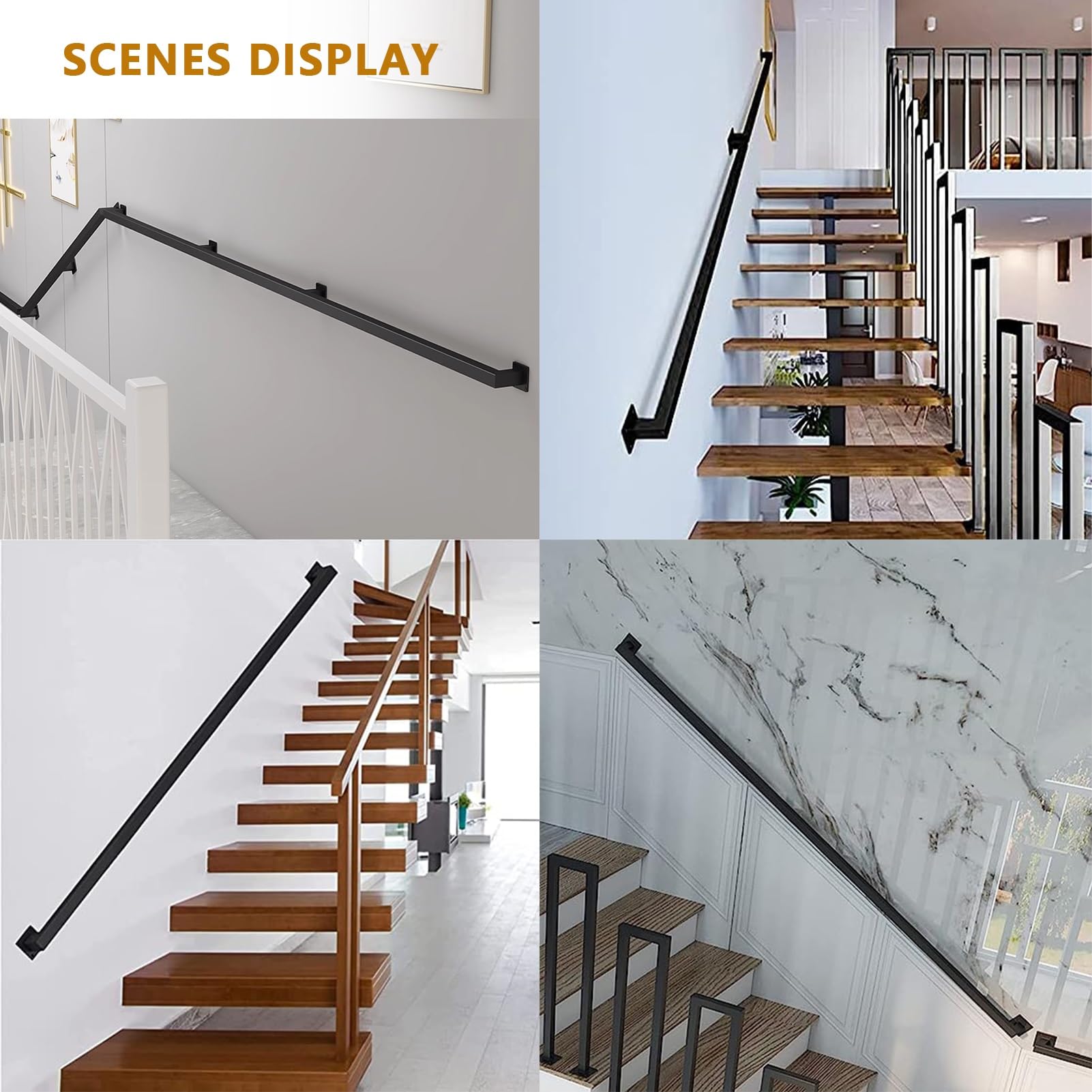 30–600 cm Handlauf für Treppen im Innen- und Außenbereich, Treppengeländer, Handläufe aus Schmiedeeisen, Sicherheitshaltegriff mit Wandhalterungen und Metallschrauben (schwarz, 2 F