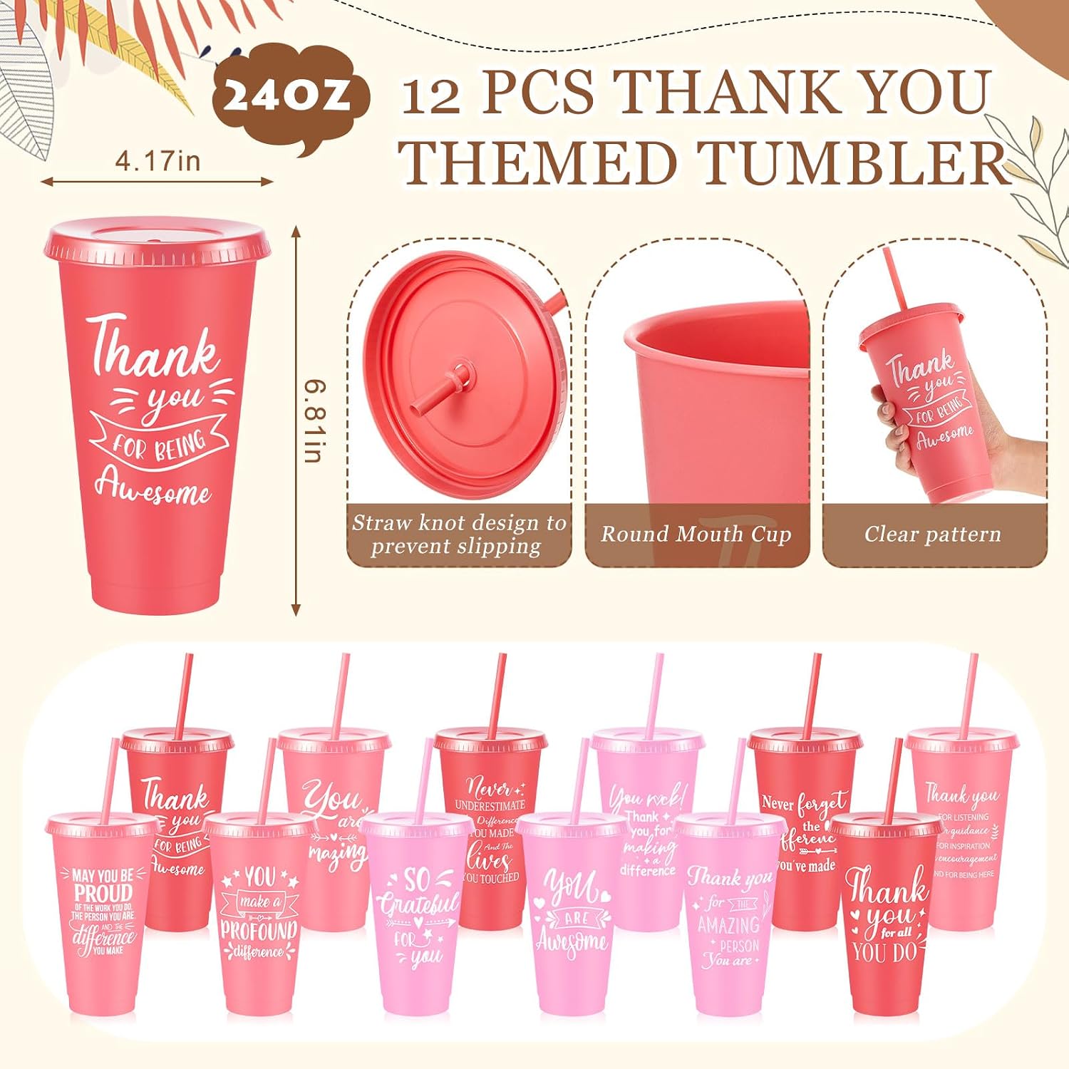Hollowfly 12 Sets / 48 Pcs Inspirational Appreciation Gifts Thank You for Coworkers, 24 oz Plastic Cup with Lid Straw Notebooks Ballpoint Pens Keychain Associate Appreciation Gifts (Gradient Pink)
