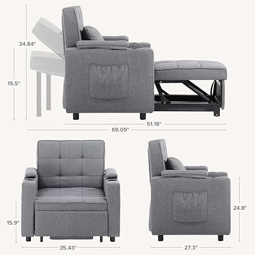 Miniatura 2 de COMHOMA Sofá reclinable, portavasos para sillón, convertible individual 3 en 1, bolsillo lateral para silla de futón, cama extraíble para sala de