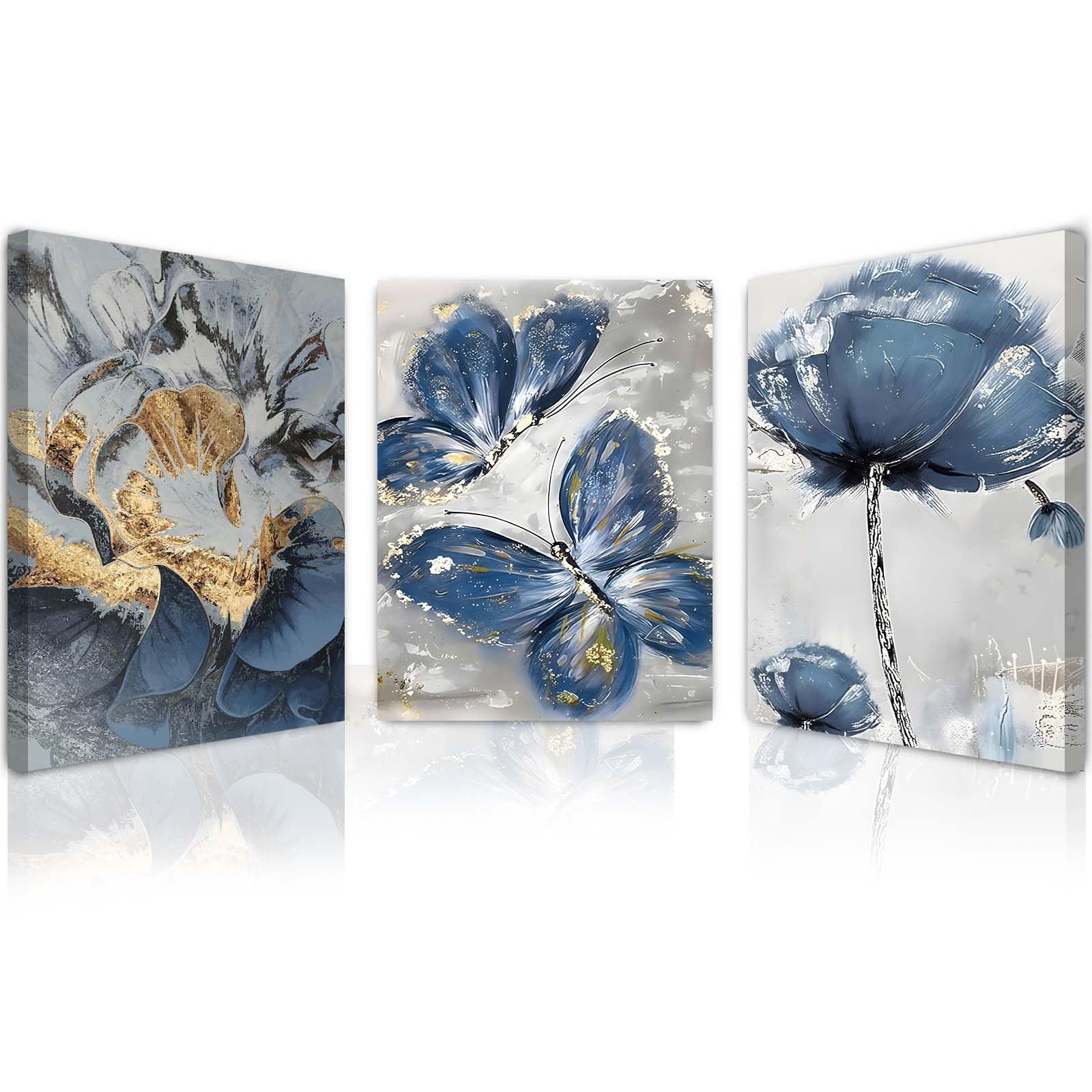 Qiukoo Set of 3 Framed Canvas Wall Art – Waterproof Modern Artwork with Hooks, Blue Butterfly and Floral Prints for Living Room Wall, Bedroom Pictures for Wall Decoration – 12x16 Inch — image 1