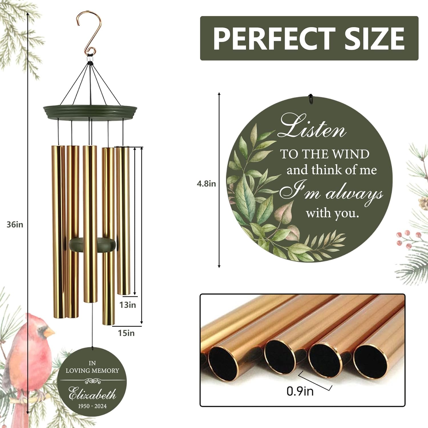 ASTARIN Personalized Memorial 30"/36" Wind Chimes for Loss of Loved One Mom Dad, Produced in USA Memorial Gifts for Sympathy Bereavement Remember, Deep Tone in Memory of Wind Chimes for Outside