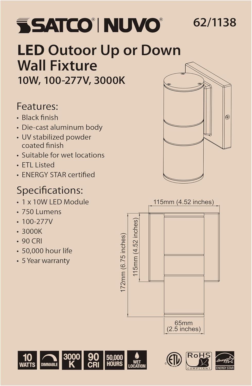 Nuvo 62/1138 LED Module LED Small Up or Down Sconce Fixture Black Finish, 1 Light 10W 120/277V