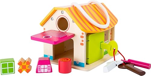 Miniatura 3 de Small Foot Juguetes de madera Cobertizo de madera con llaves, juego de habilidades motoras diseñado para niños a partir de 12 meses, multicolor