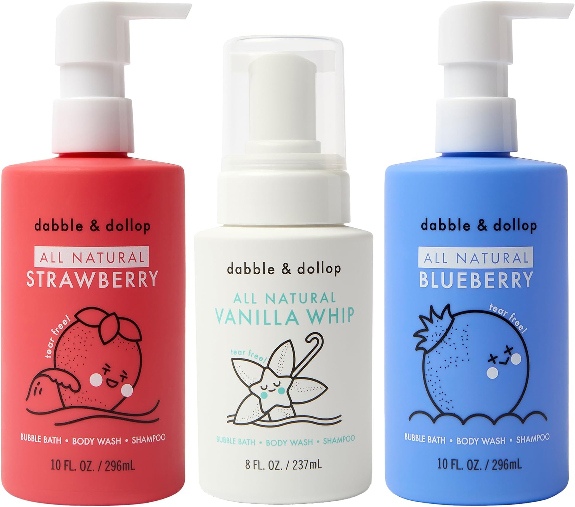 USA Bundle, 3-in-1 Natural Bubble Bath, Body Wash & Shampoo for Kids, Paraben & Sulfate Free, Vegan, Tear-Free, Strawberry, Vanilla & Blueberry (Set of 3)