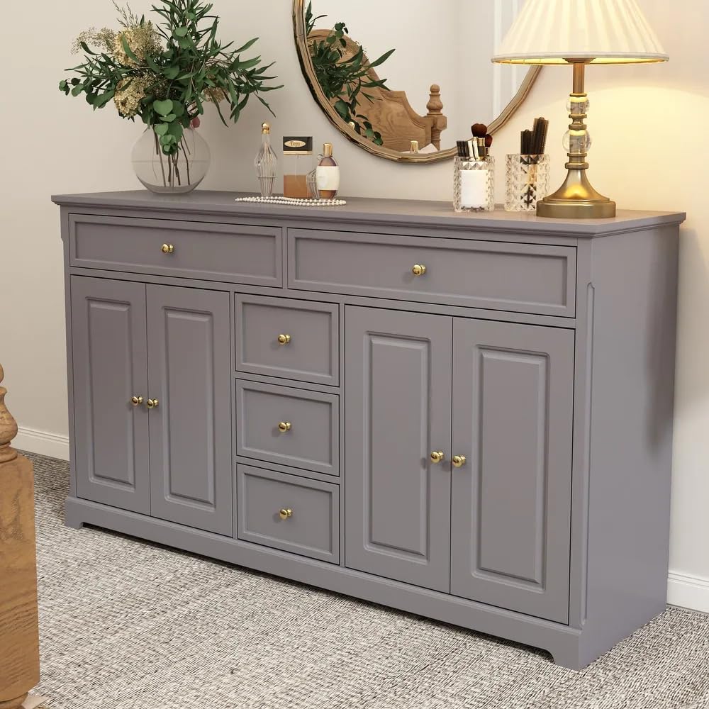 Dresser Sideboard for Bedroom | Multipurpose Storage Dresser Cabinet with 5 Storage Drawers, 59 L, 15.7 D, and 33.5 H Inches Engineerd Wood (Grey)-image-26