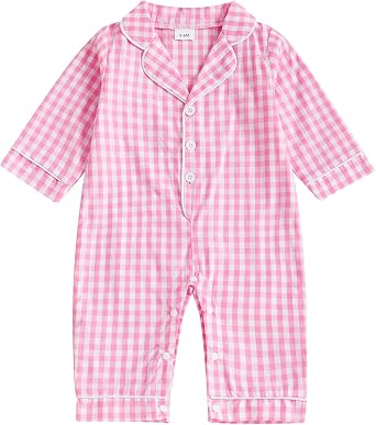 FULA-bao Newborn Baby Boy Girl Gingham Pajamas Jumpsuit Plaid Long Sleeve Button Up One Piece Pjs Romper Infant Sleepwear