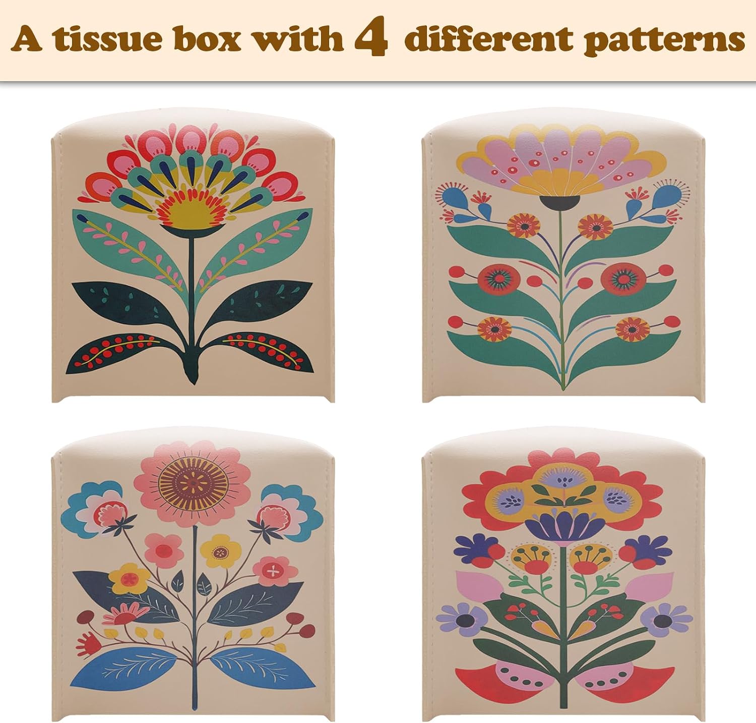Boho Tissue Box Cover Holder Square, Floral Scandinavian Leather Tissue Box Cover, Paper Facial Decorative Tissues Cover for Night Stands, Bathroom, Kitchen, Office, Home Decor