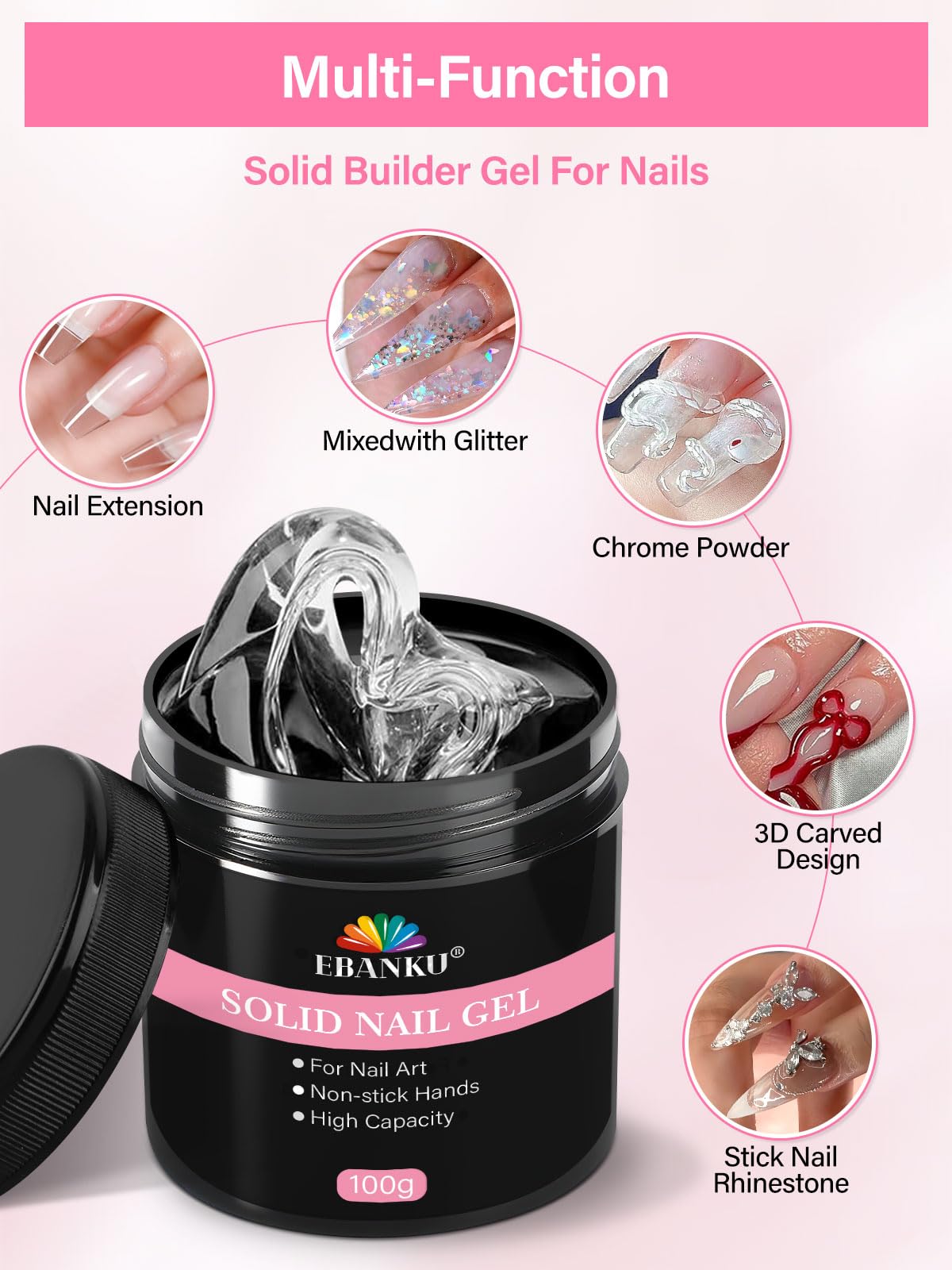 100g Colle gel solide, EBANKU 3 en 1 ultra-forte pour ongles pressés, ongles acryliques et nail art 3D, sans résidus, nécessite une polymérisation UV/LED pour un fini durable