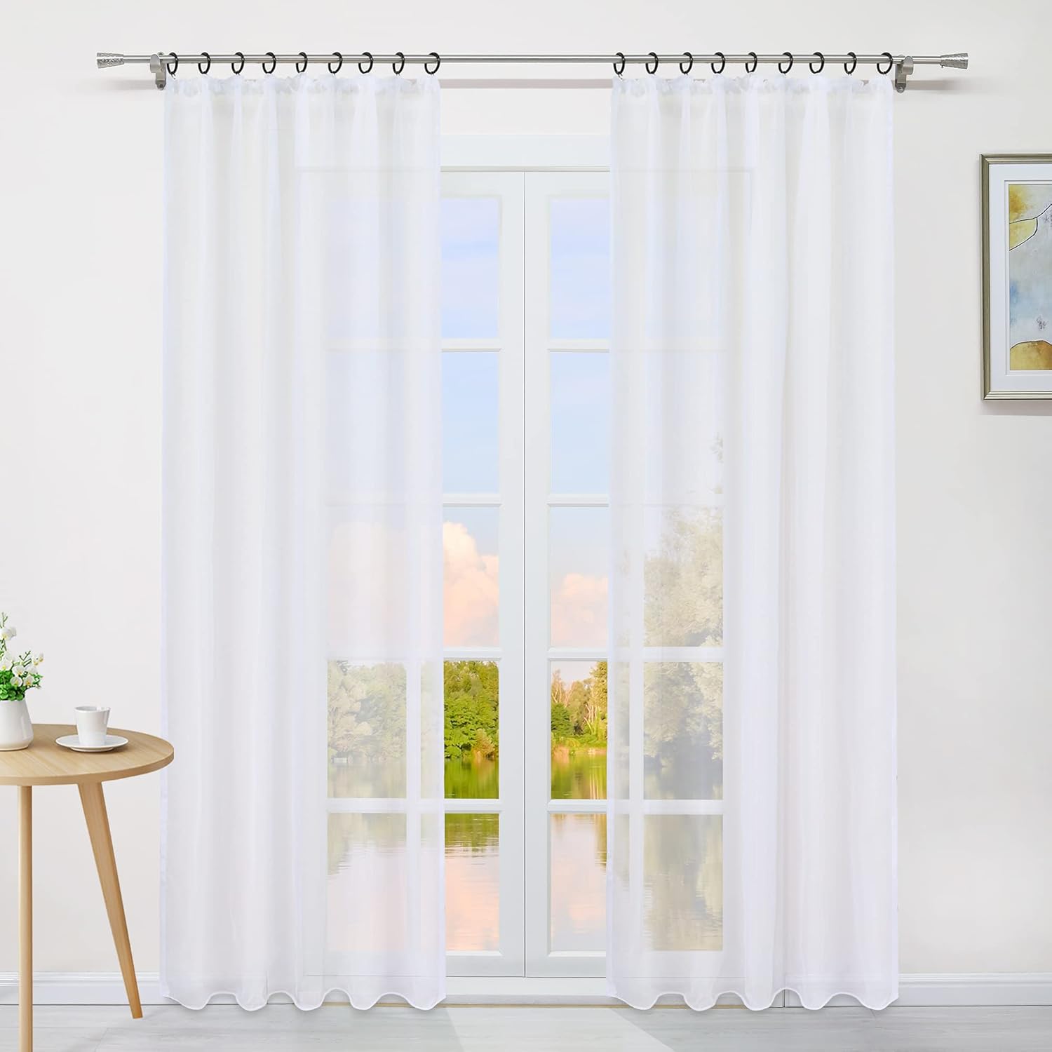 EMEMA Sheer - Set di 2 tende in voile, con fettuccia arricciata, trasparenti, in voile, poliestere, trasparente, per soggiorno, camera da letto, 140 x 260 cm (larghezza x altezza), colore verde salvia