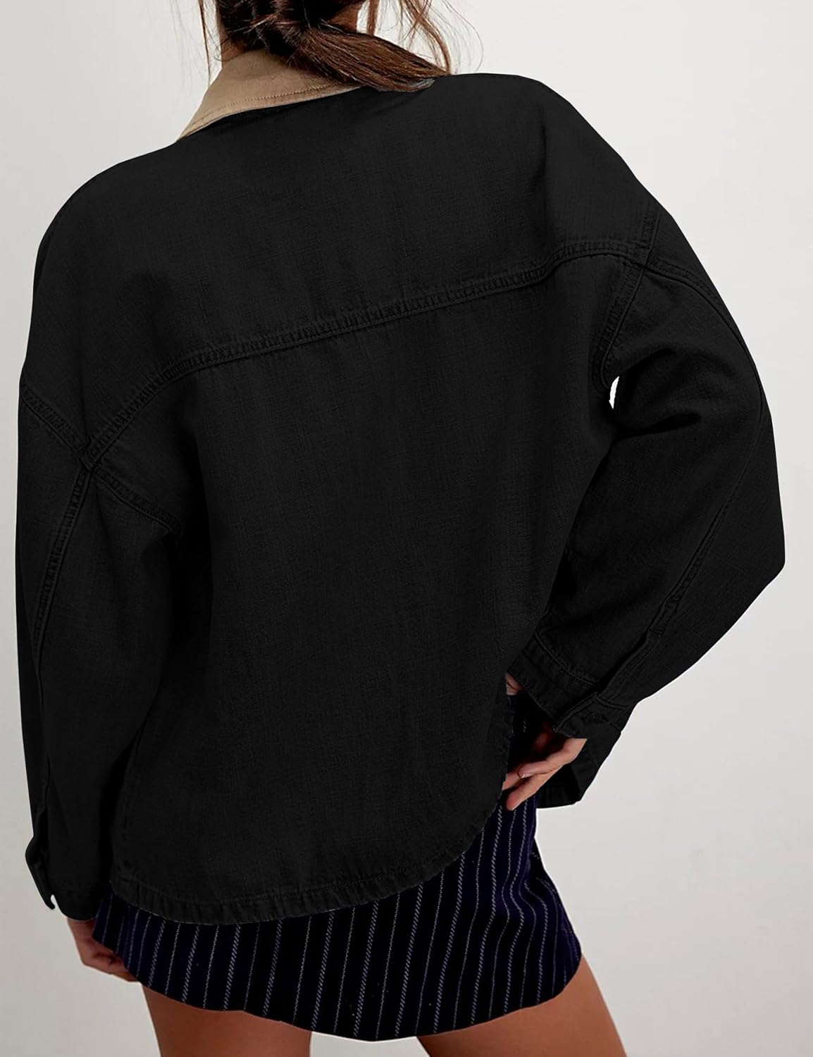 Lumister Women's Oversized Denim Jacket with Contrast Trim Long Sleeve Button Down Jean Coat with Pockets Outerwear - Image 4