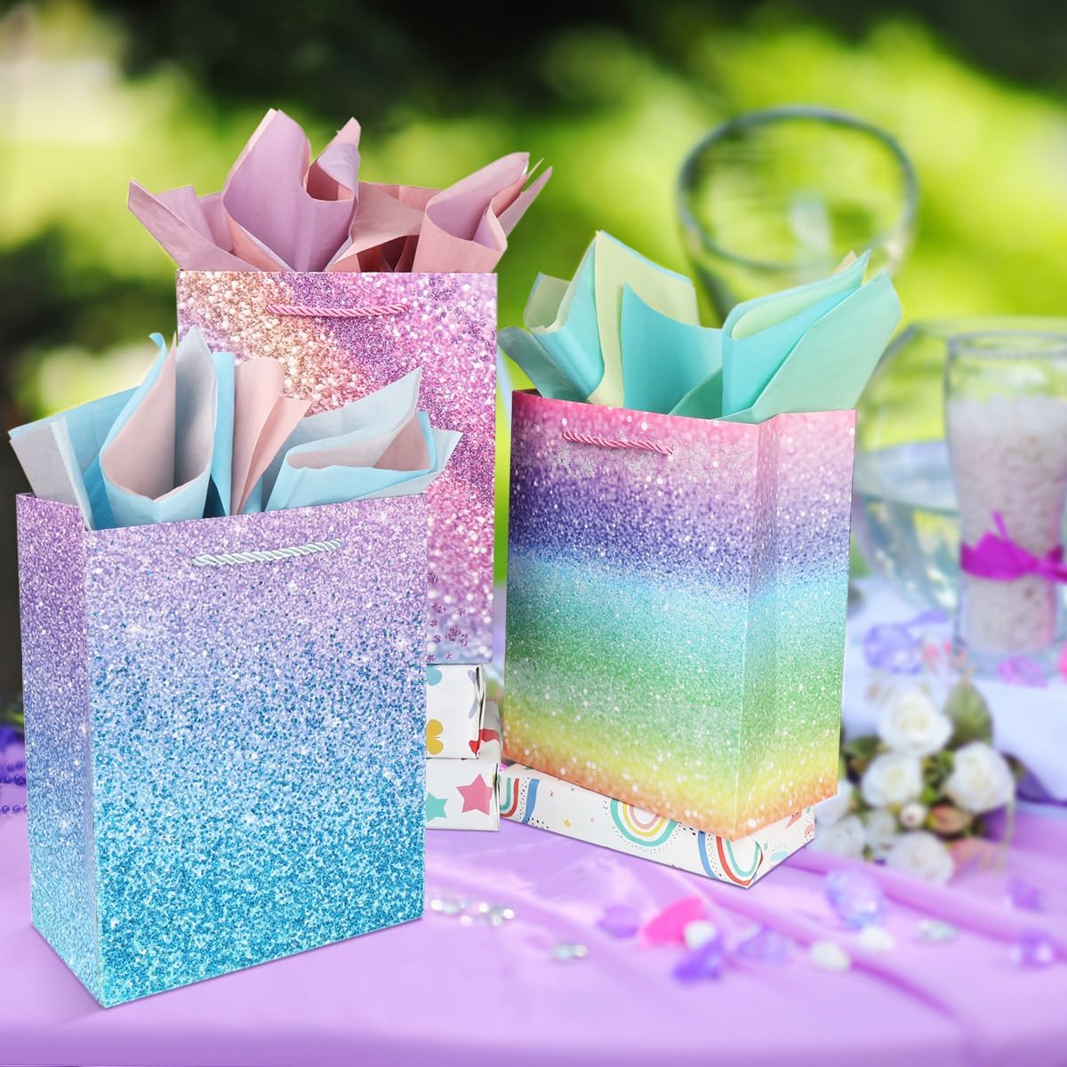 ZJHiome 12Pcs 9'' Gift Bags Medium Size Gift Bags with Tissue paper Rainbow Glitter Paper Bags with Handles for Shopping Birthday Wedding Baby Shower Christmas Party - Image 7