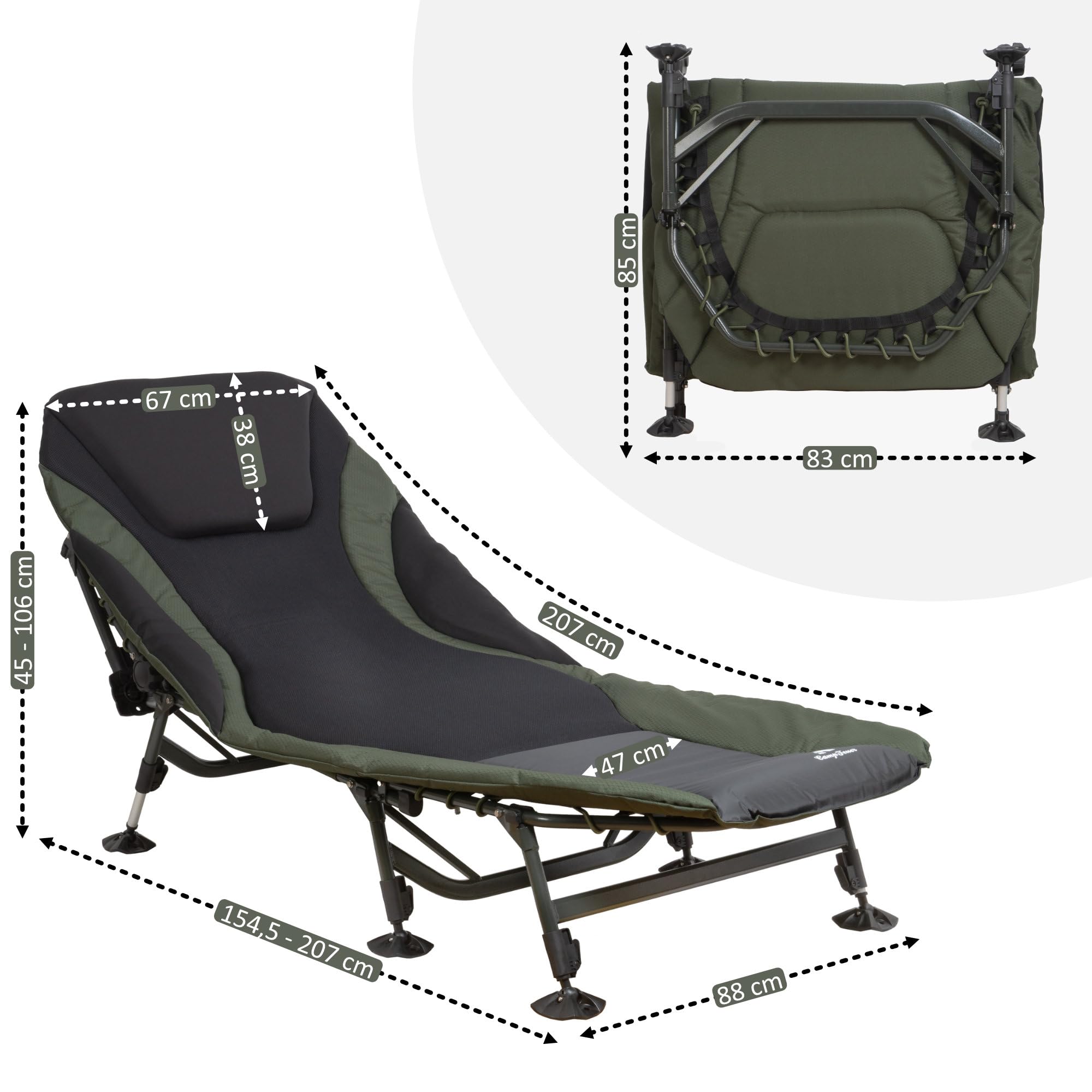 CampFeuer Karpfenliege XXL 207 x 88 x 30-106 cm | höhenverstellbare und stabile Karpfenliege mit 8 Beinen | faltbares Feldbett, Campingbett, Karpfenliegen, Feldbett bequem, Campingliege
