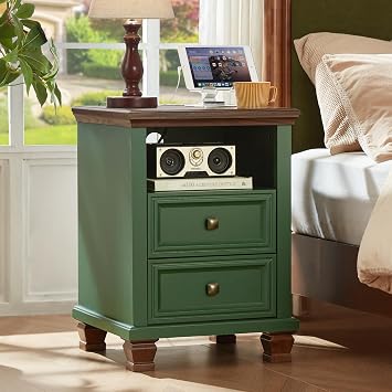 SAVOR LIFE Farmhouse Nightstand with Charging Station, Rustic Green Nightstand,2 Drawers End Table for Living Room, Bedside Table with Open Shelf for Bed Room, Green
