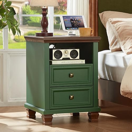 Farmhouse Nightstand with Charging Station, Rustic Green Nightstand,2 Drawers End Table for Living Room,Bedside Table with Open Shelf for Bed Room,Green