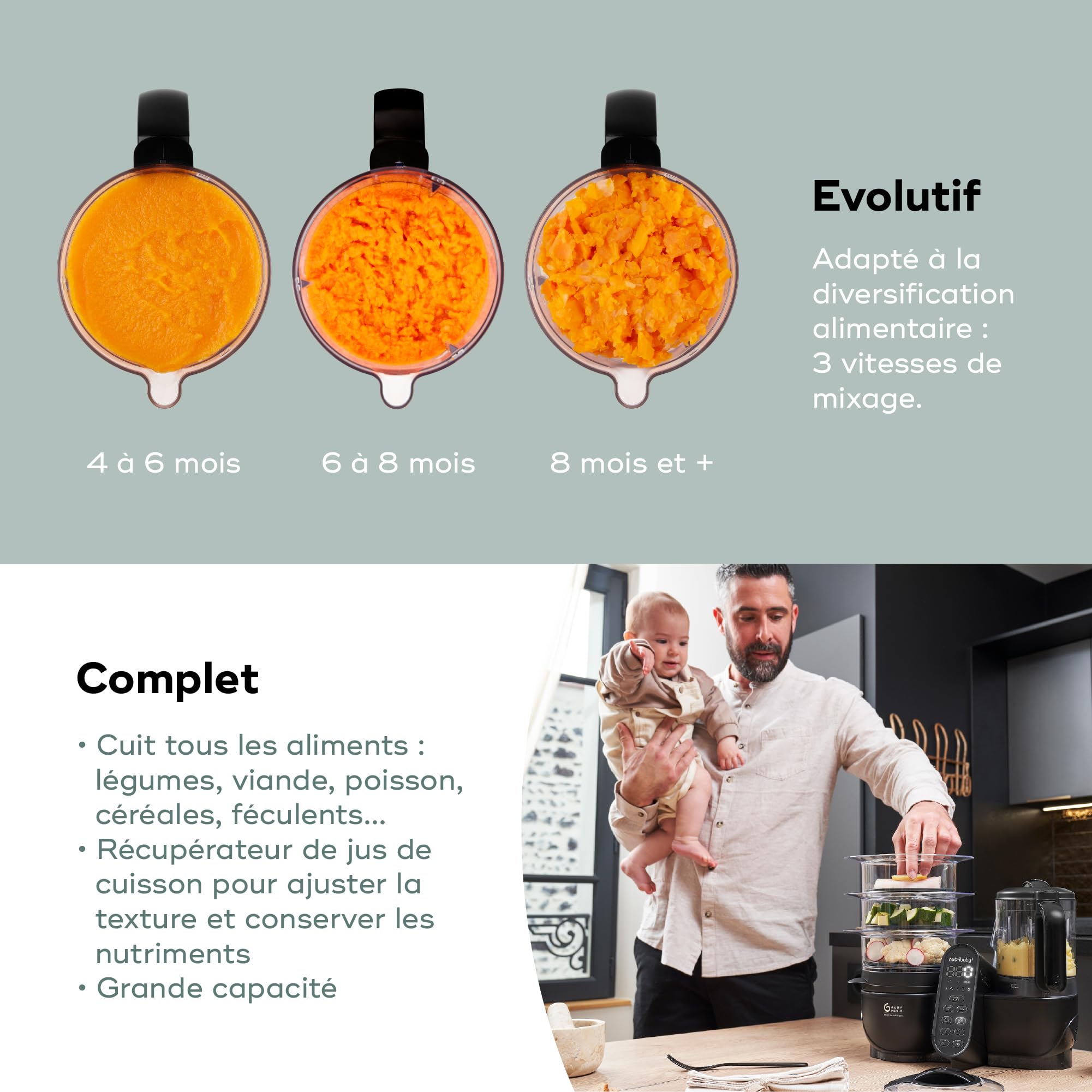 Babymoov Robot Cuiseur Bébé Nutribaby(+) XL - Grande Capacité 2,9L - Jusqu'à 14 Repas en 1 Cycle - 6 Fonctions en 1-2 Paniers Vapeur - Diversification Alimentaire - Mixeur Cuiseur Bébé, Noir