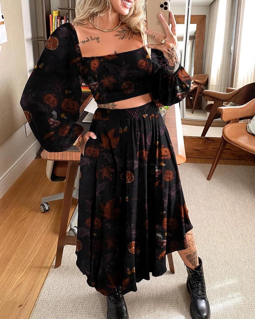 Women Two Piece Midi Skirt Set Halloween Pumpkin Ghost Outfits Casual Strapless Long Sleeve Matching Gothic Dress