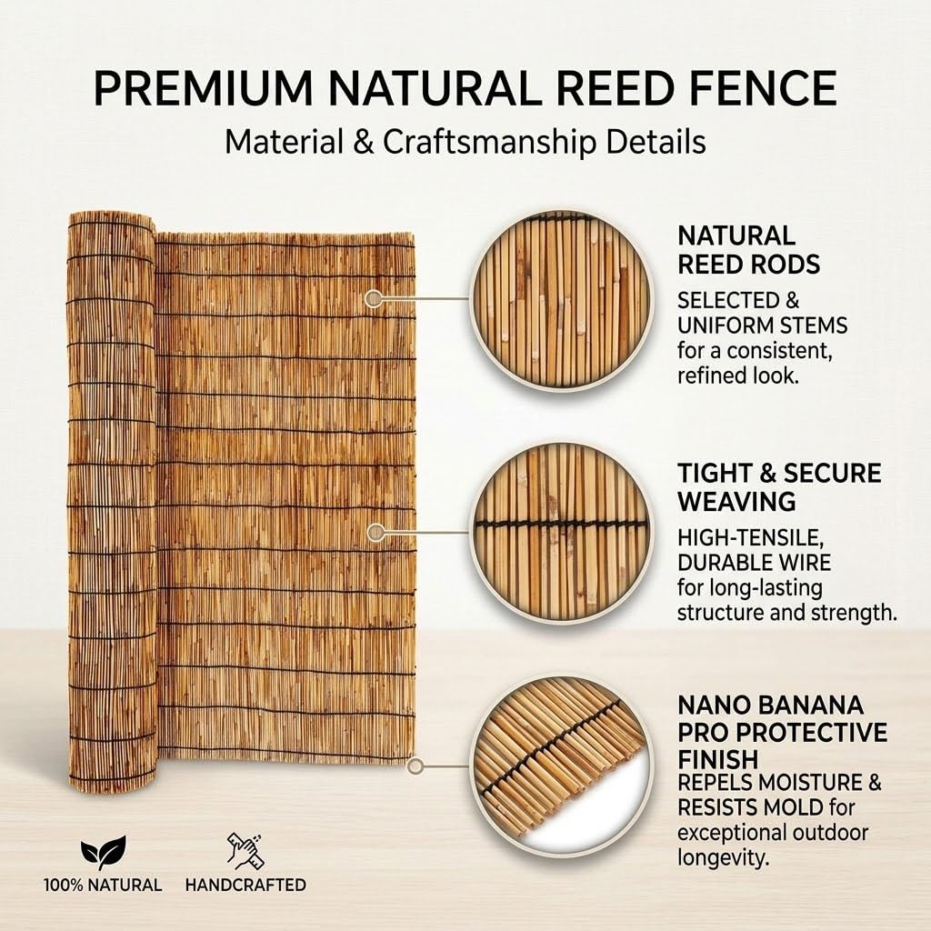 Canisse en Roseau Naturel, Brise-Vue pour Jardin Balcon Terrasse, Clôture Bambou Extérieur, Rouleau d'Occultation Totale, Protection Intimité et Vent, Écologique, 1x5m 1.8x10m(Natural,H100xL200cm)