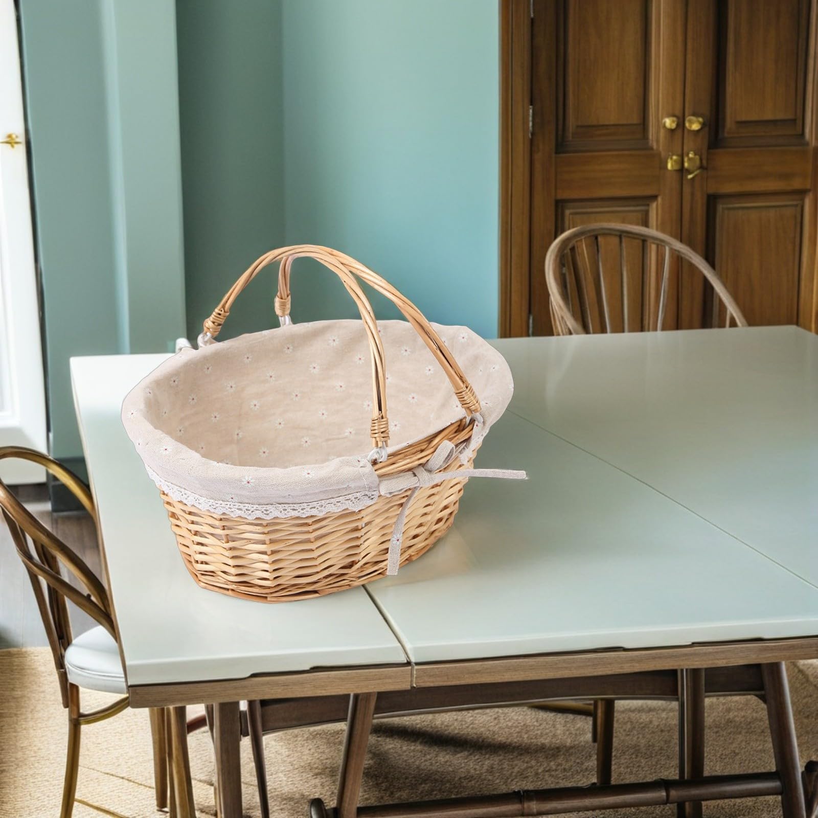 Handgeflochtener Weidenkorb mit Henkel und Futter Blumenkorb für Hochzeiten und Partys Vielseitiger Aufbewahrungskorb in Khaki für Picknick und Dekoration