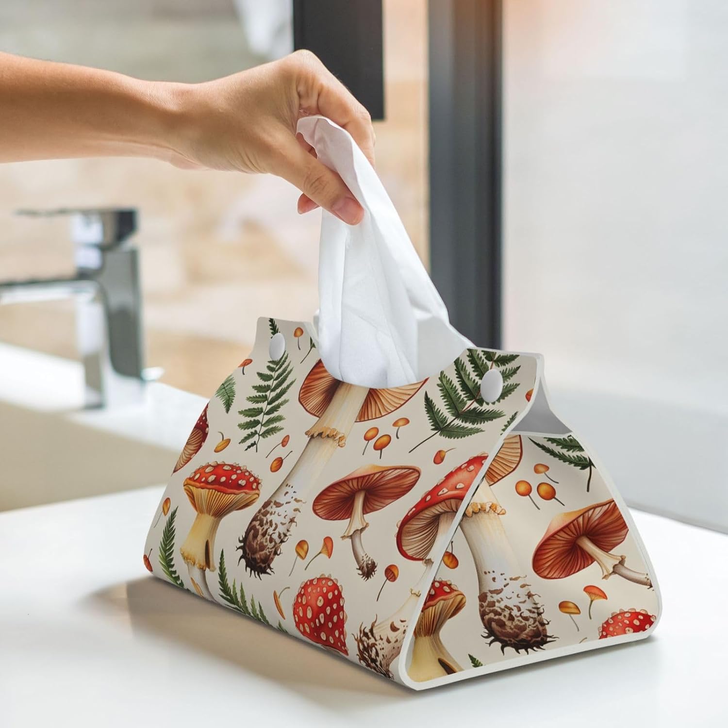 Cute Sewant Mushrooms Rectangle Tissue Box Cover Rectangular Tissues Boxes Cover Decorative Tissue Case Paper Holder Organizer Long Leather Tissue Case Box Cover for Bedroom Dining Office Desk image 3