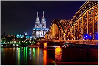 MOBYAT Skyline Giclee Canvas Prints,Cologne Germany Clock Tower Night View ,Paintings on Canvas Wall Art Cityscape Pictures for Home Office Wall Decor80x120cm(31x47in) Frameless