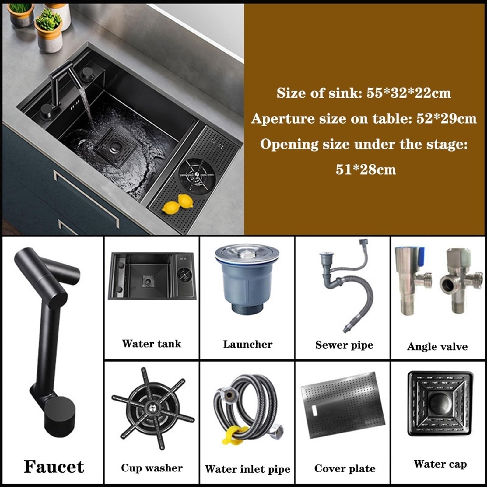 Cact - Lavello da cucina salvaspazio con accessori, design invisibile nascosto, per appartamenti e ville, con sifone e coperchio (60 x 40 x 23 cm)