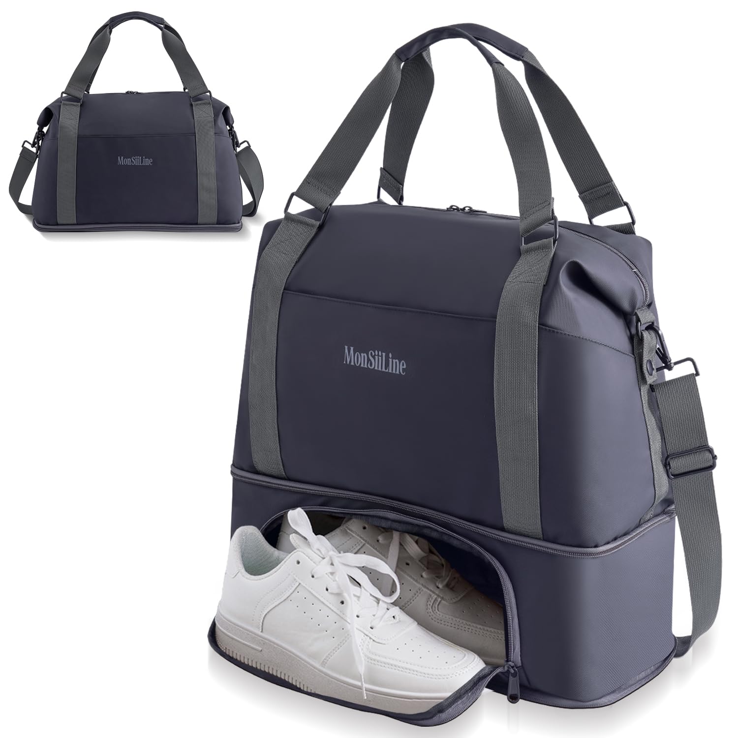 MonSiiLine Foldie Travel Bag Expandable, Gym Bag with Shoe Compartment, Workout Bags for Gym with Straps Personal Item Travel Bag for Weekender Overnight, Duffel Bags for Traveling(Black)