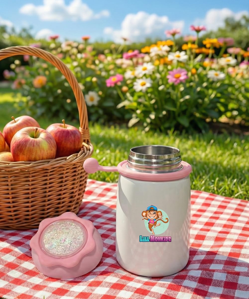 Vacuum Insulated Food Jar for Baby/Kids 350ml, Thermos Flask Keeps Food Warm for Up to 10 Hrs, Small Hot Box As Multipurpose Container for Storing (White + Pink Lion)