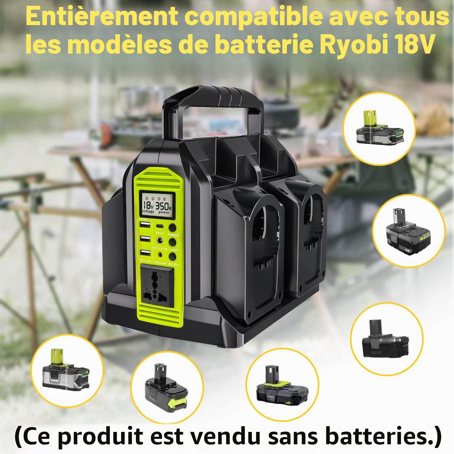 Onduleur à onde sinusoïdale pure 350 W 4 ports, alimentation CC 18 V à 230 V/240 V AC, compatible avec les batteries au lithium Ryobi 18 V (batterie non incluse) | Convertisseur de puissance sans fil