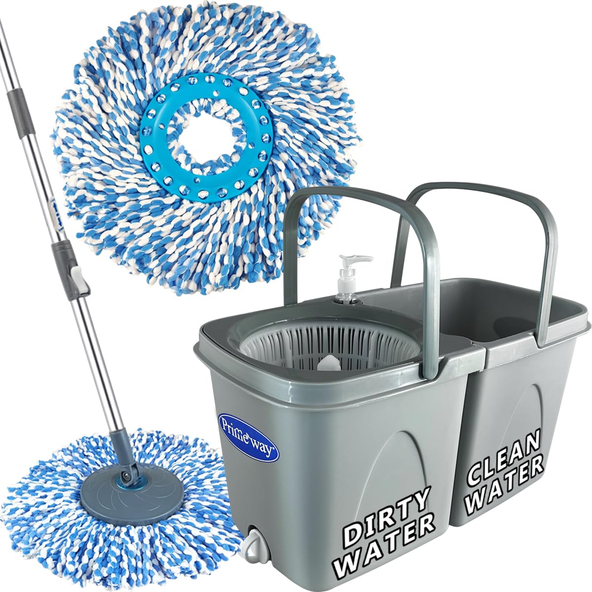Primeway® Plastic SS Double Bucket 360 Rotating Spin Floor Cleaning Mop with Clean and Dirty Water Separator with 2 Microfibre 38cm Refills, 6 LTR, Grey (B01FAXIK7Q) Amazon Price History, Amazon Price Tracker