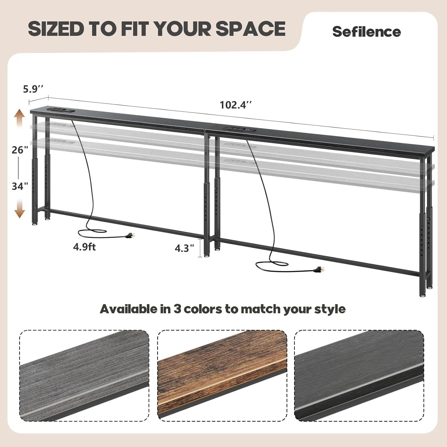102.4’’ Narrow Console Table with 26"–34" Height Adjustable, Behind Couch Table Skinny with 2 Power Outlets and USB Ports, Long Sofa Tables for Living Room and Small Spaces, Black