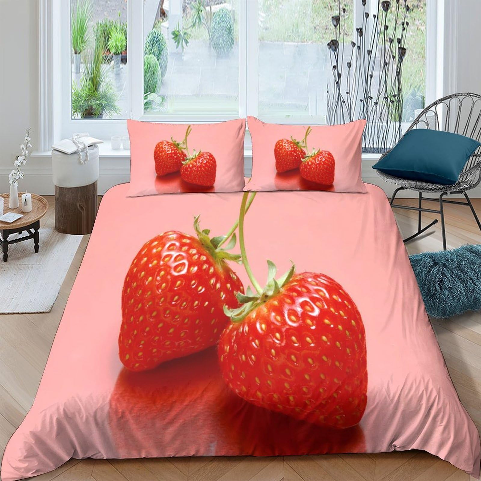 Ctjqhvkz Style-2 3D Printed Strawberry Fitted Sheet Microfiber Pink Fruit Bed Cover Non-Slip, Machine Washable For Bedroom Dorm Decor Single（135X200cm）