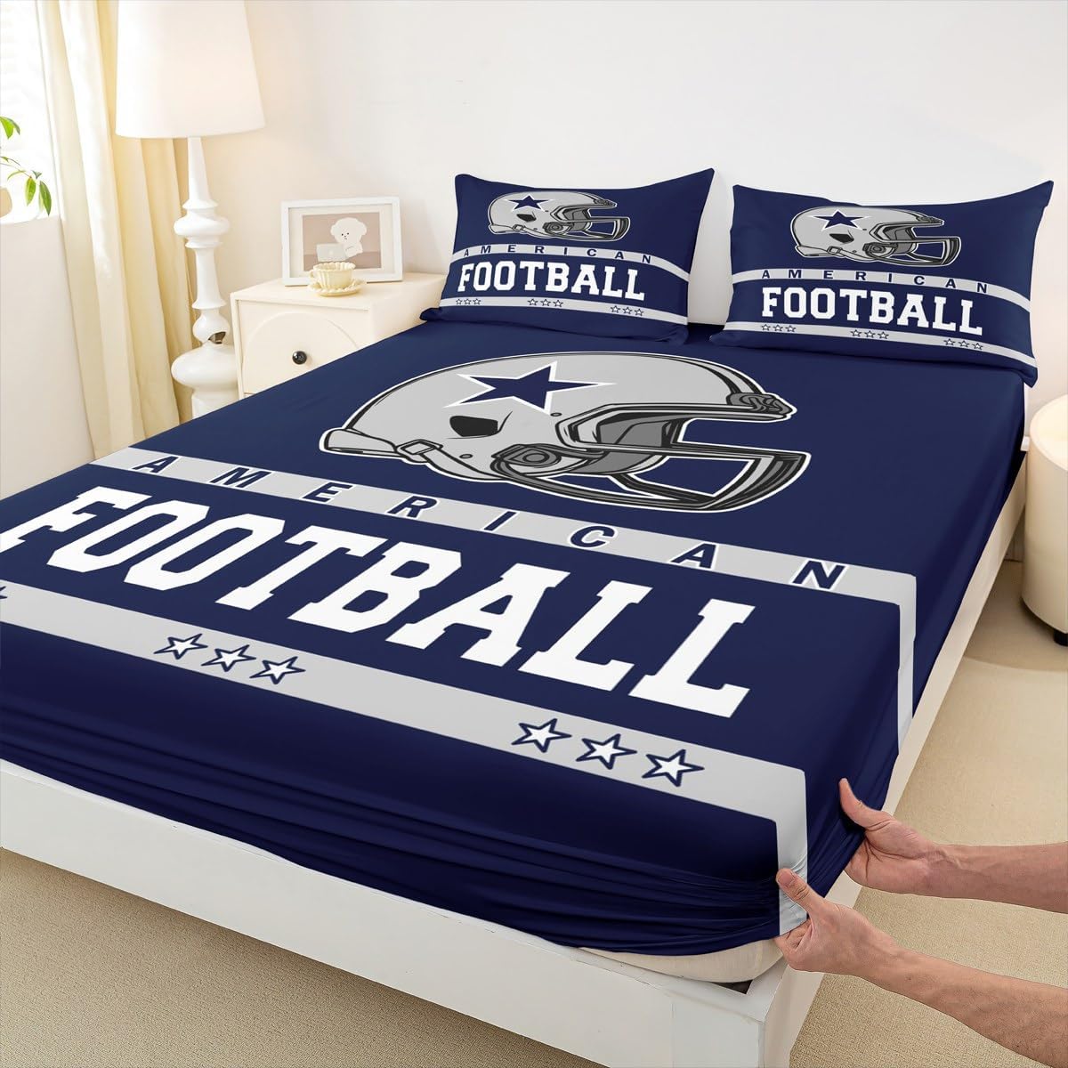 Homewish American Football Boys Fitted Sheet Twin Size,Western Texas Star Cowboy Lovers Sports Bedding Set,Boys Men Room Decor,Rugby Football Games Bed Cover,Blue White Bed Sheet,1 Pillowcase