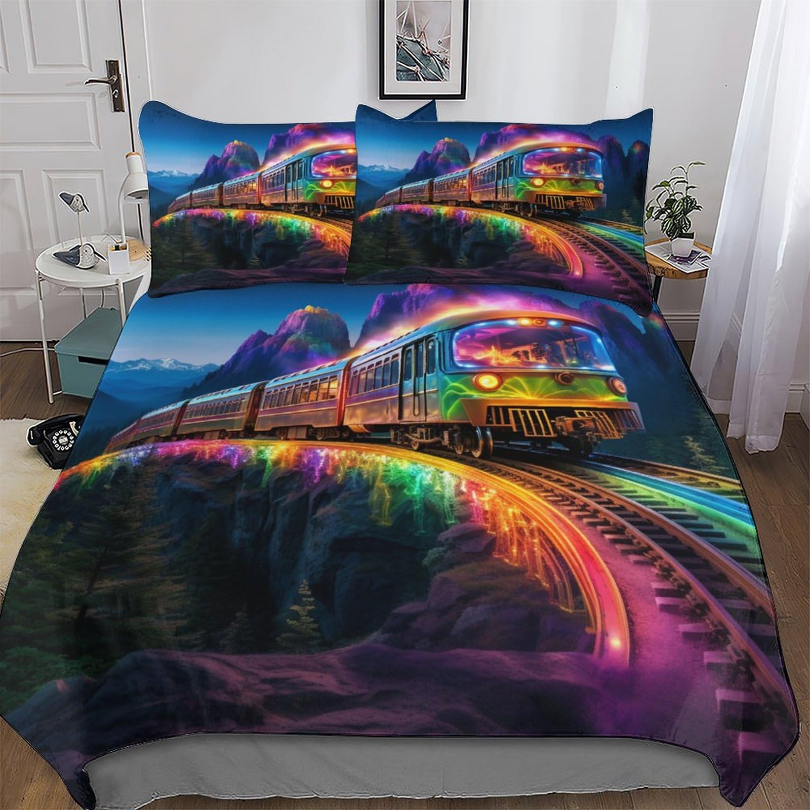 Parure de lit enfant train arc-en-ciel avec housse de couette coton microfibre 200x200cm