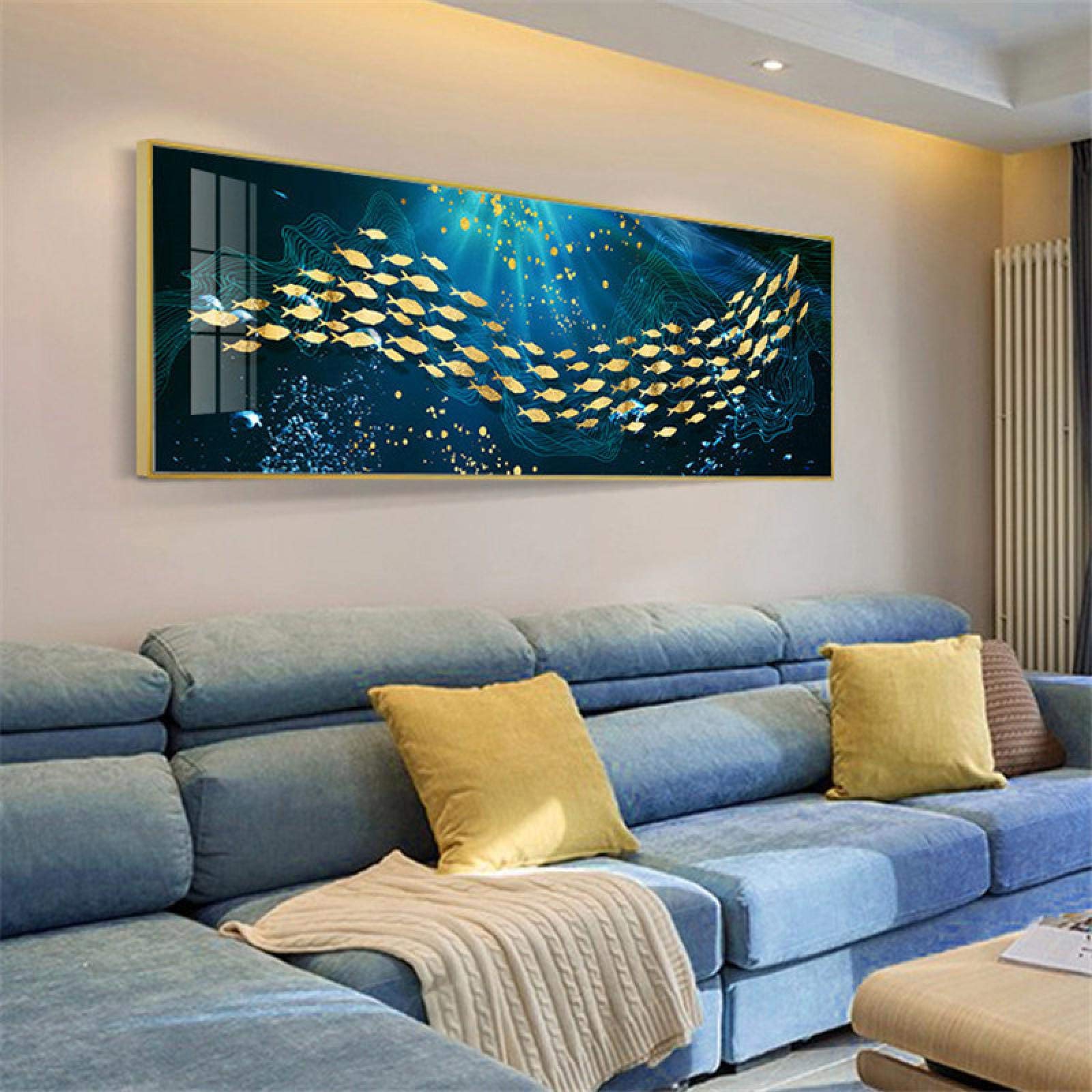 KQZVCU Canvas schilderij gouden vis blauwe zee poster moderne abstracte muurkunst woondecoratie muurschildering voor woonkamer foto 80 x 110 cm x 2 met lijst