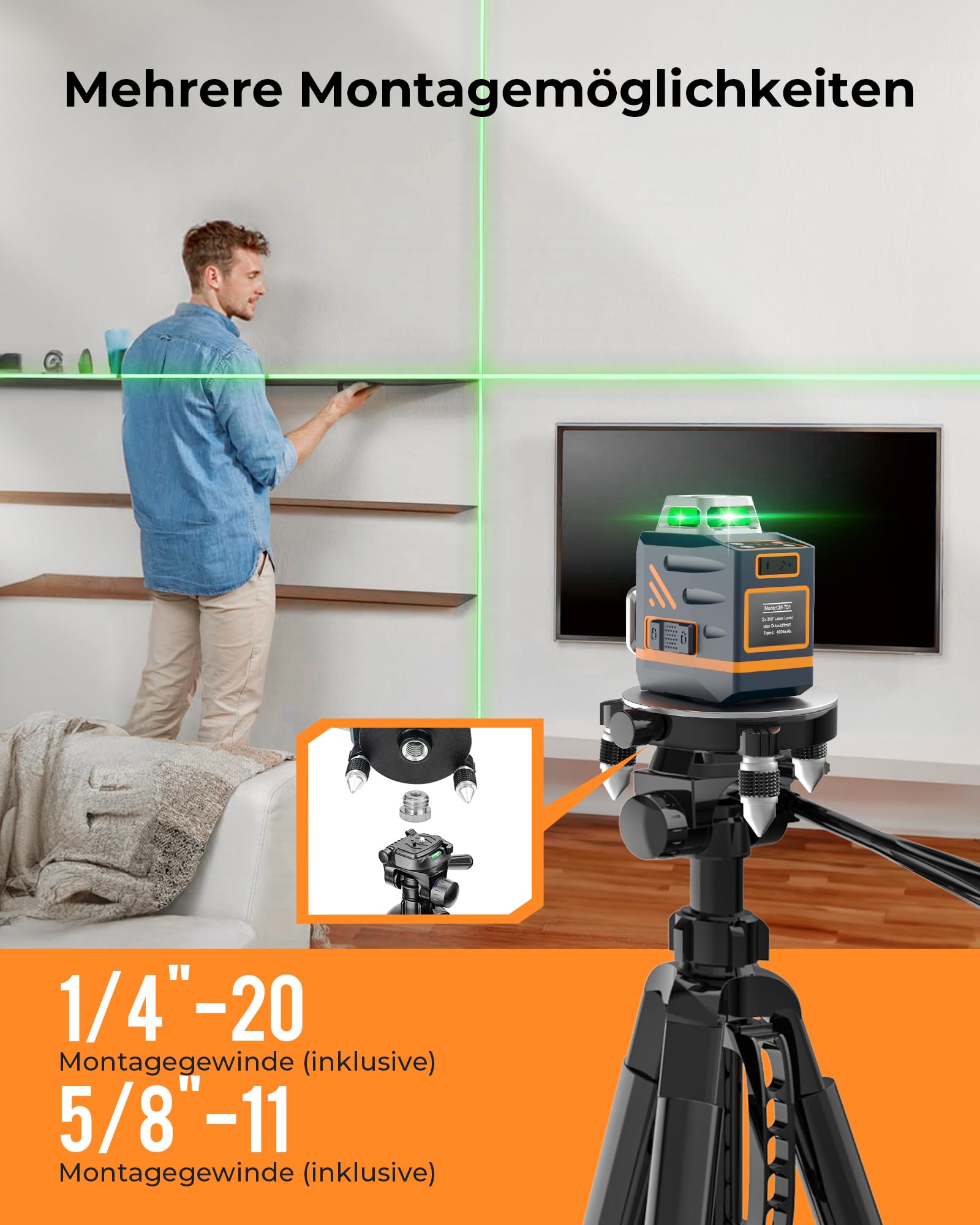 CIGMAN Stativ Laser 1,5m Aluminium Verstellstativ mit 3-Wege-Schwenkkopf und Blasenebene, 1/4-20 und 5/8-11 Gewindeadapter CTP01