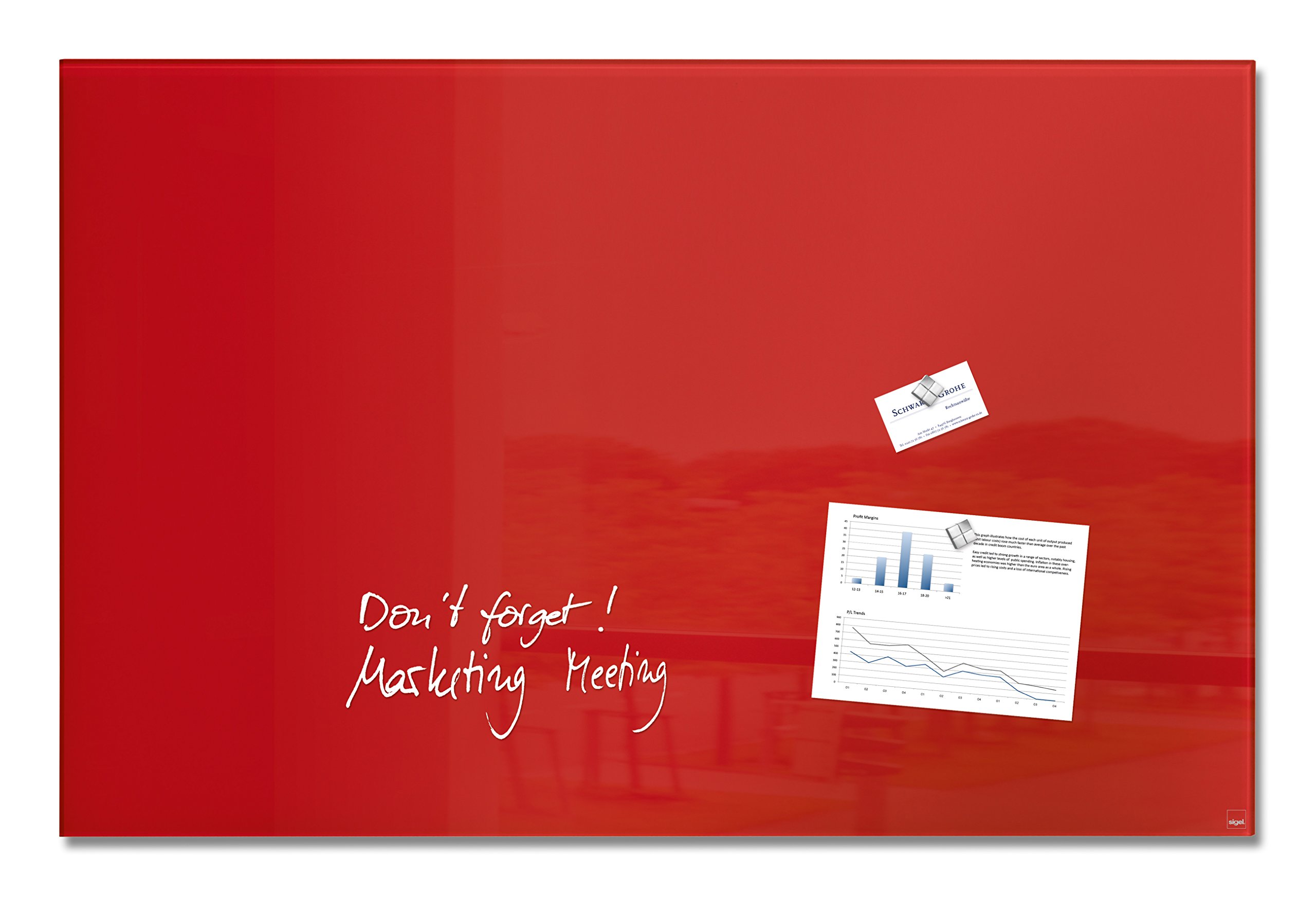 SIGEL GL142 Premium Glass magnetic Board, glossy surface, 100 x 65 cm, easy mounting, Red - Artverum