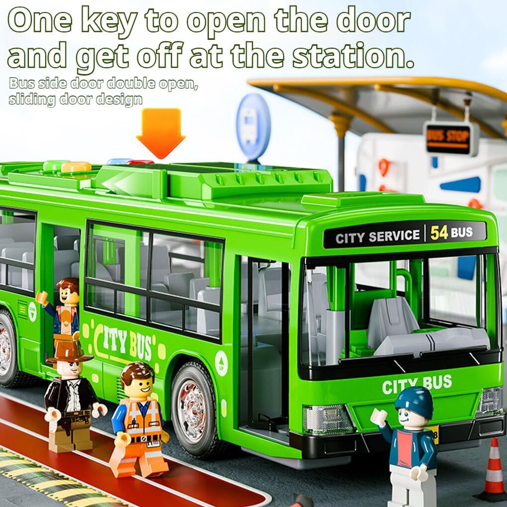 Großer Bus Spielzeug, Realistische Simulation und Geschichtenerzählen, Audiovisueller Selbstfahrender Bus aus Kunststoff, Grün, Für Kinder