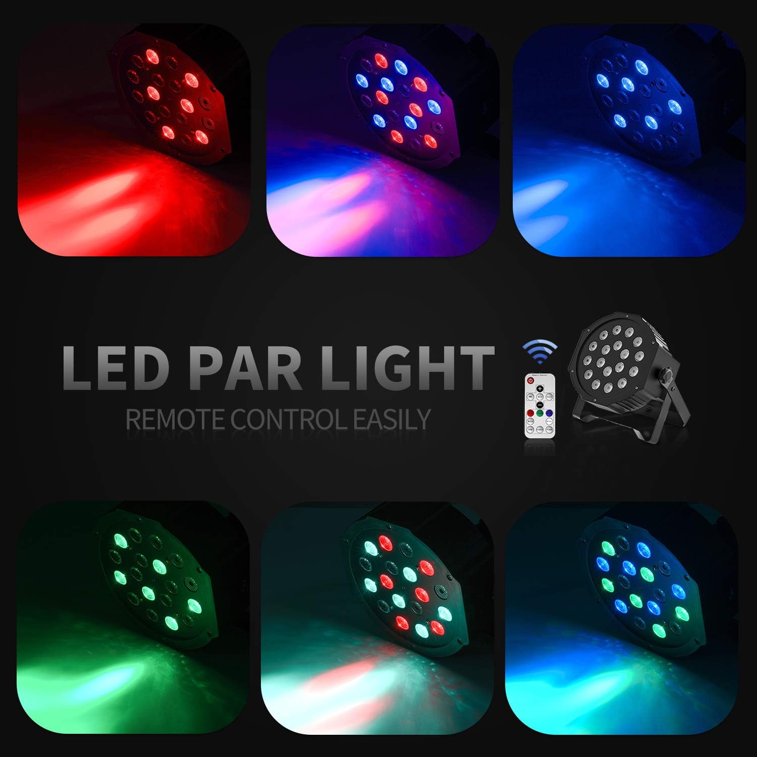 Donner DJ Par Light displaying various colors with remote control