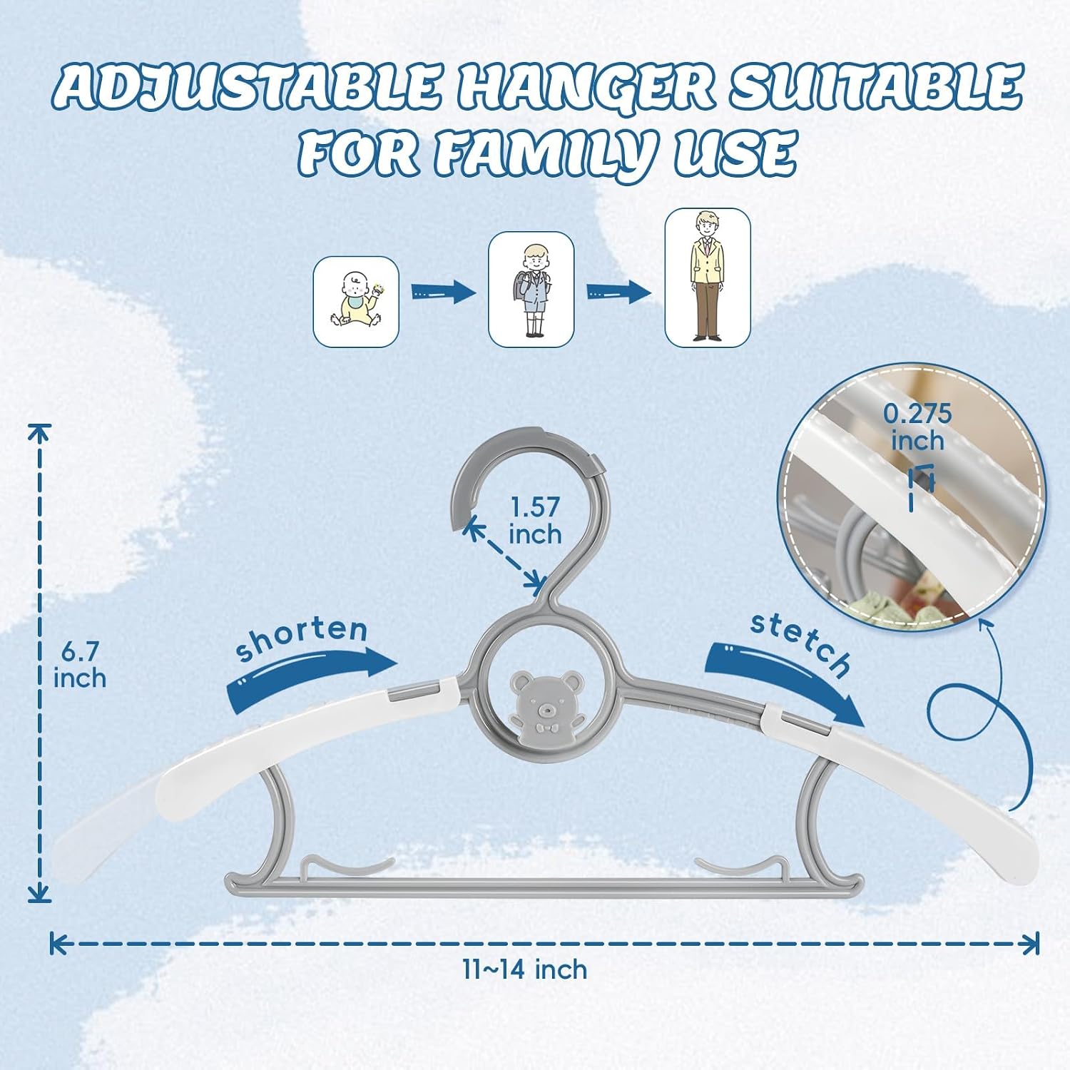 100 Pack Baby Hangers, 11"-14" Extendable and Stackable Kids Hangers, 45g Ultra-Thick Space Saving Non-Slip Plastic Hanger for Infant, Toddler and Nursery Closet